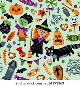 Seamless pattern of Halloween characters, Children in funny and scary witch, web and zombie costumes background