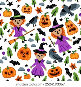 Seamless pattern of Halloween characters, Children in funny and scary witch, pumpkin and crow costumes background
