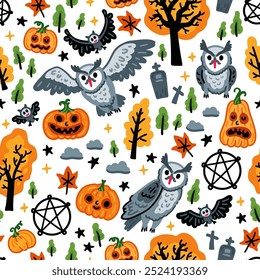 Seamless pattern of Halloween characters, Children flying white owls among autumn pumpkin