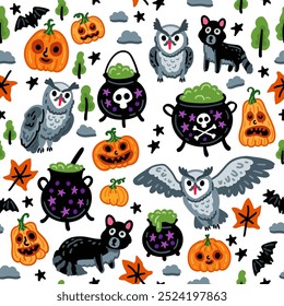 Seamless pattern of Halloween characters, Children flying white owls, black cats and witches cauldron among autumn forest