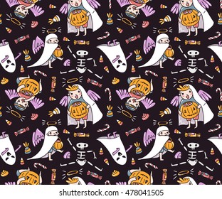 Seamless pattern with halloween characters. Children in costumes. Ghost and angels with pumpkin and sweets  isolated on the violet background. Trick or treat vector illustration.