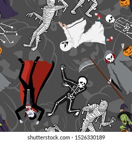Seamless Pattern with Halloween Characters Costume on Dark background