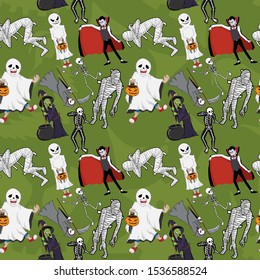 Seamless Pattern with Halloween Characters Costume on Dark green background