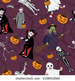 Seamless Pattern with Halloween Characters Costume on Dark red background