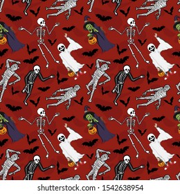 Seamless Pattern with Halloween Characters Costume on Dark red background