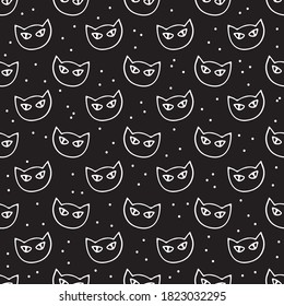 Seamless pattern with Halloween characters. Hand drawn mystical cats. Vector illustration.  Design element for banner, wallpaper, wrapping paper, fabric.