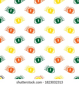 Seamless pattern with Halloween characters. Hand drawn mystical eyes. Vector illustration.  Design element for banner, wallpaper, wrapping paper, fabric.
