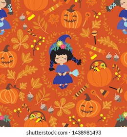 Seamless pattern with halloween characters. Illustration of cute witch/ wizard surrounded with spooky pumpkin, candy, oak and autumn leaves.