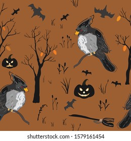 Seamless Pattern with Halloween Characters. Lovely Design. Scandinavian Style.