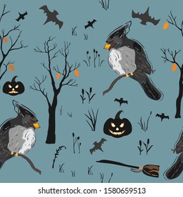 Seamless Pattern with Halloween Characters. Lovely Design. Scandinavian Style.