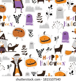 Seamless pattern with Halloween characters on white background