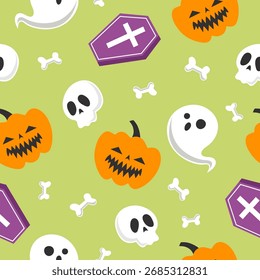 A seamless pattern with Halloween characters on a light green background