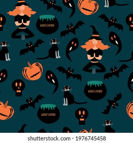 Seamless pattern of Halloween characters such as witch, evil cat, ghosts, skull, witch's potion cauldron, bats and pumpkin. Vector illustration 

