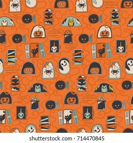 Seamless pattern with Halloween characters. Tile background for your design, fabric textile, wallpaper or wrapping paper. 