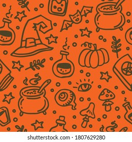 Seamless pattern with Halloween characters. Vector illustration.  Design element for banner, wallpaper, wrapping paper, fabric.