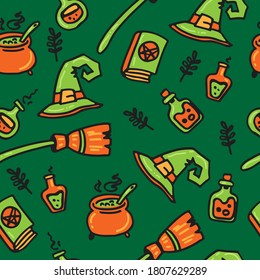 Seamless pattern with Halloween characters. Vector illustration.  Design element for banner, wallpaper, wrapping paper, fabric.