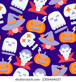 seamless pattern with halloween characters in vector.ghost,pumpkin,witch,skull,vampire.design element for halloween.characters in flat style.minimalistic pattern for wallpaper background. 