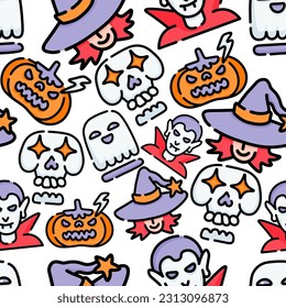 seamless pattern with halloween characters in vector.ghost,pumpkin,witch,skull,vampire.design element for halloween.characters in flat style.minimalistic pattern for wallpaper background. 