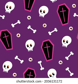 Seamless pattern - halloween coffin and skull on a purple background. Cartoon seamless pattern. Endless texture