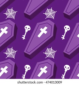 Seamless pattern halloween coffin X cross with skull key and spiderweb