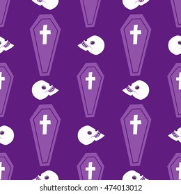 Seamless pattern halloween coffin X cross with skull