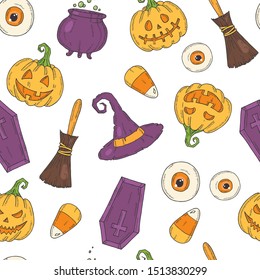 Seamless pattern with Halloween colored icons.  Pumpkin Jack, witch hat, broom, hat, sweets, candy roots, coffin, pot with potion in sketch style.