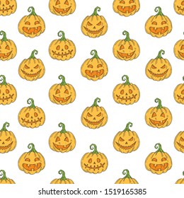 Seamless pattern with Halloween colored icons.  Pumpkin Jack, witch hat, broom, hat, sweets, candy roots, coffin, pot with potion in sketch style.