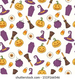 Seamless pattern with Halloween colored icons.  Pumpkin Jack, witch hat, broom, hat, sweets, candy roots, coffin, pot with potion in sketch style.