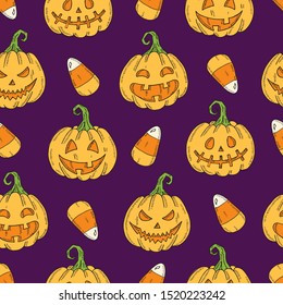 Seamless pattern with Halloween colored Pumpkin Jack and candy corn in sketch style isolated. Festive texture for packages, backgrounds, web pages