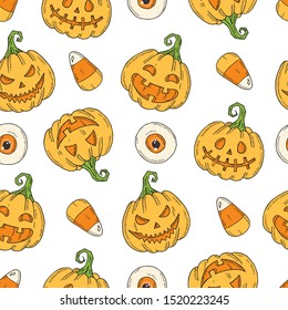 Seamless pattern with Halloween colored Pumpkin Jack and candy corn in sketch style isolated on white. Festive texture for packages, backgrounds, web pages