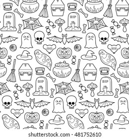 Seamless pattern with Halloween coloring patches. Pin badges set background. Black and white stickers wallpaper. Textile print for clothes.