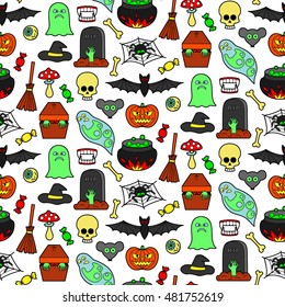 Seamless pattern with Halloween coloring patches. Pin badges set background. Colorful stickers wallpaper. Textile print for clothes.