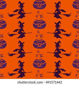 Seamless pattern in halloween colors. Witch on broomstick and pot with skull bubbles.