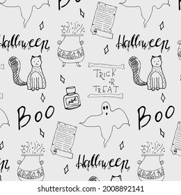 Seamless pattern for Halloween. Contour pattern. Illustration of a cat, a witch's cauldron, a ghost, inscriptions, leter, jars. Design for fabric, print, wallpaper, packaging, design for holidays.