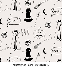 Nahtloses Muster zu Halloween. Konturmuster Vampirgrafik, Hexenhut, Inschriften, Besen, Augen, Kürbis. Design für Stoff, Druck, Tapete, Verpackung, Design für Ferien.