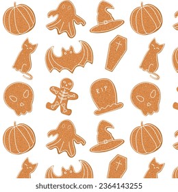 Seamless pattern of  halloween cookies with icing or glazing.October vibes and colors. Vector flat cartoon illustration.
