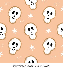 Seamless pattern of Halloween cookies with icing or glazing. October vibes and colors. Vector flat cartoon illustration.