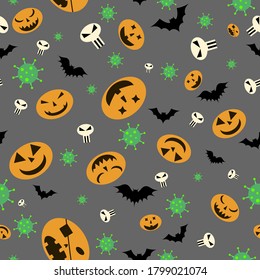 Seamless Pattern for Halloween with coronavirus cells and other attributes of Halloween. Celebrating Halloween in covid-19 pandemic