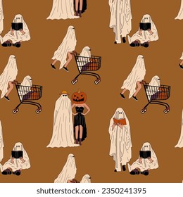Seamless pattern with  Сouples in Halloween costume. Ghost. Flat design style vector illustration.	
