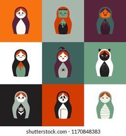Seamless pattern - halloween costume russian dolls
