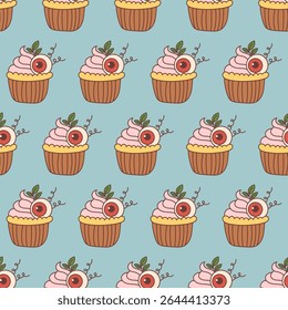 Seamless Pattern with Halloween Cupcakes and Eyeball Toppers on Blue Background