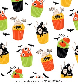 Seamless pattern of halloween cupcakes on white background. Happy halloween, scary sweets. Vector illustration	