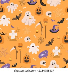 Seamless pattern Halloween. Cute halloween background. Jack pumpkin, ghost, grave, skull, bones and bats, scythe and broom, cobweb and witch hat with spider on orange background. Vector illustration