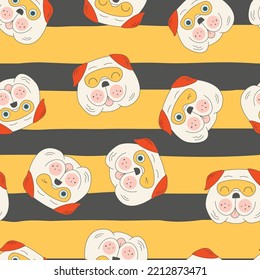 Seamless pattern of Halloween cute cartoon pug flat vector illustration. Face dogs wearing hero mask on black lines on orange background. Cute prints for children, kids, pets apparel, fabric, textile.