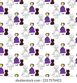 seamless pattern, halloween cute cartoon cat charactor hand drawn