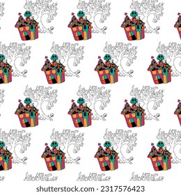 seamless pattern, halloween cute cartoon cat charactor hand drawn