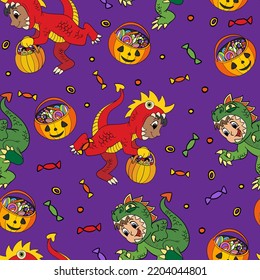 Seamless pattern of halloween with cute dancing kids dinosaurs on purple background. Vector illustration. Clip art for halloween party, print, linen, design, wallpaper, decor, textile, kids apparel