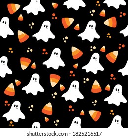 Seamless pattern for Halloween - Cute ghost and candy corn on black backgound. Good for wrapping paper, textile print, wall paper, poster, card or decoration.