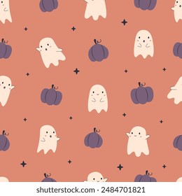 Patrón sin fisuras de Halloween con fantasma lindo y calabaza jack. Fondo naranja. Para la tela, textil, Fondo de pantalla, envoltura, diseño de ropa para niños. Vector de dibujos animados 