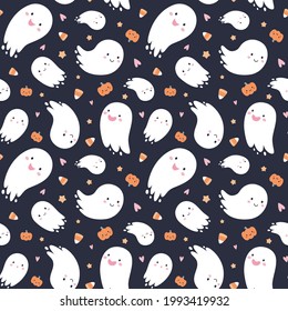 Seamless pattern for Halloween. Cute ghosts, candy corns, pumpkins on black background.